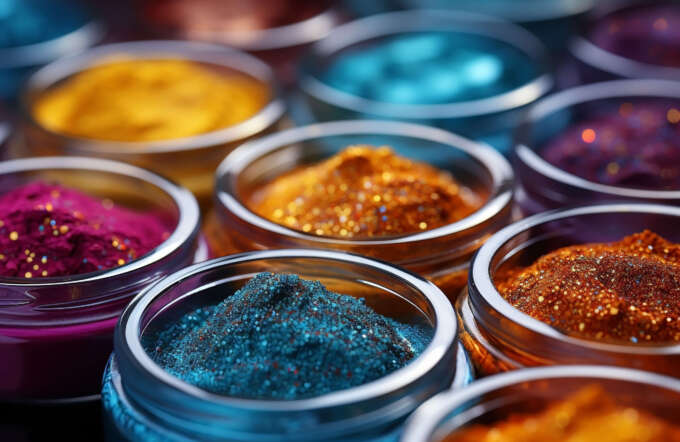 Makeup image of row of colorful powder jars containing dipping powder for nail polish.